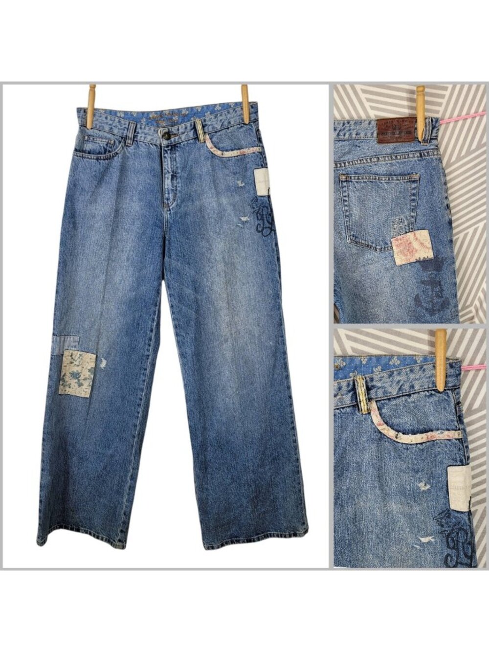 Vintage Ralph Lauren 10 32" Patchwork Wide Leg Jeans Nautical Anchor Old Money